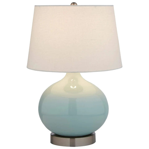 Ceramic Round Table Lamp Cyan Blue With White Linen Fabric Shade Includes Light Bulb 11 X 11 X 20 Inches Modern Classic Cozy Vibe Accent Lighting