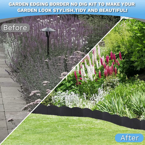 Comparison of garden before and after installing No Dig 20ft Landscape Edging Kit With 6 Inch Tall Border, 20 Stakes Included.