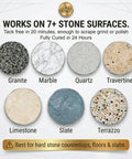 RocketGel 25 Minute Epoxy Countertop Repair Kit works on granite, marble, quartz, travertine, limestone, slate, terrazzo surfaces.