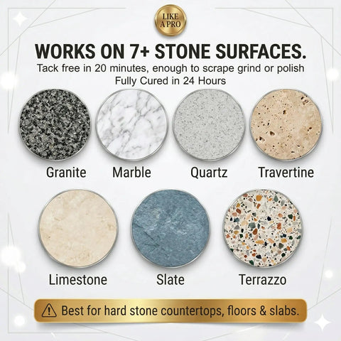 RocketGel 25 Minute Epoxy Countertop Repair Kit works on granite, marble, quartz, travertine, limestone, slate, terrazzo surfaces.