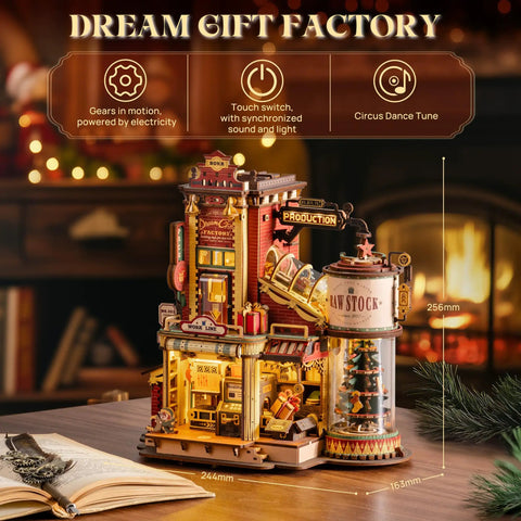 3D Puzzle For Adults Dope Dream Factory Gift Kit Luminous Wooden Model DIY Dollhouse Scene with Music Lights Busy Production Line