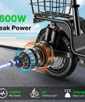 Close-up of motor and rear tire of All Terrain Electric Scooter With Seat For Adults 1600W Peak Power 42 Mile Range 20 MPH Top Speed UL 2272.