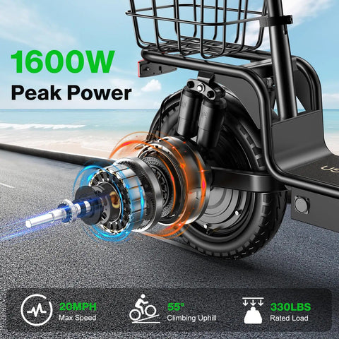 Close-up of motor and rear tire of All Terrain Electric Scooter With Seat For Adults 1600W Peak Power 42 Mile Range 20 MPH Top Speed UL 2272.
