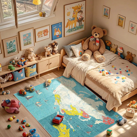 5x7 World Map Rug For Living Room And Bedroom With Ocean Sailboat Design, Washable Low Pile Non Slip Carpet in children's room
