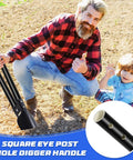 Man with child holding 2 Pack 48 Inch Fiberglass Post Hole Digger Handles Replacement For 58 Inch Heavy Duty Hole Digger 1.2 Inch Diameter Includes Rubber Coated Gloves outdoors.