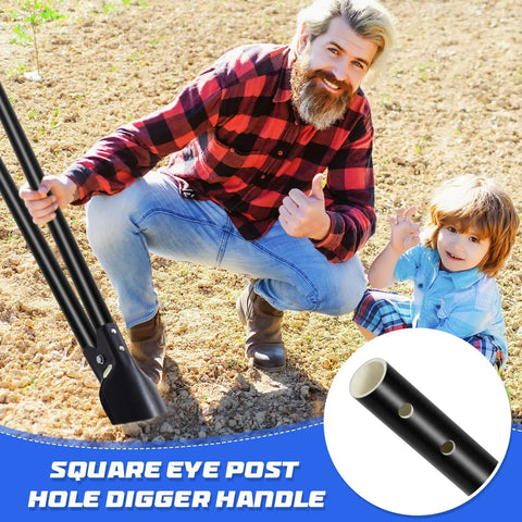 Man with child holding 2 Pack 48 Inch Fiberglass Post Hole Digger Handles Replacement For 58 Inch Heavy Duty Hole Digger 1.2 Inch Diameter Includes Rubber Coated Gloves outdoors.
