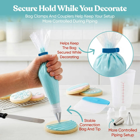 Versatile Big Time Premium 67 Piece Cookie Decorating Kit Featuring Royal Icing Tools bag with blue icing, stable piping setup.