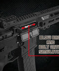 Close-up of Blow Back and Bolt Catch Simulation on the Straight Fire Gel Splatter Ball Blaster SLR upgrade in black.