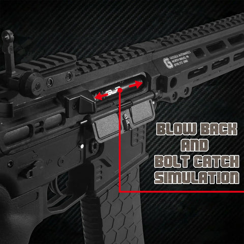 Close-up of Blow Back and Bolt Catch Simulation on the Straight Fire Gel Splatter Ball Blaster SLR upgrade in black.