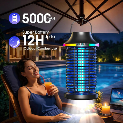 Cordless Outdoor Bug Zapper 2026 Upgraded Elite 4200V Electric Mosquito Zapper 5 In 1 near poolside with woman relaxing