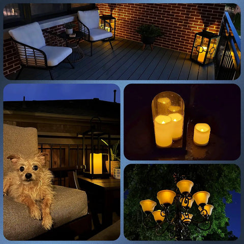 Collage of outdoor settings with Solar Powered Pillar Candles Set Of 4 3.25 Inch By 6 Inch Waterproof LED Flameless Dusk To Dawn Outdoor Candles