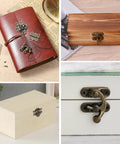 Collage of Retro Jewelry Box Hardware Kit 108 pieces with brass hinges and latches on various wooden boxes
