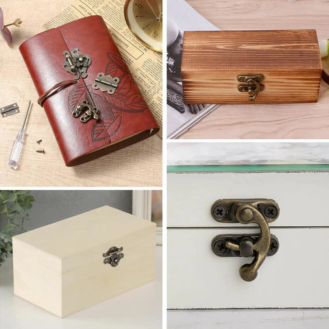 Collage of Retro Jewelry Box Hardware Kit 108 pieces with brass hinges and latches on various wooden boxes