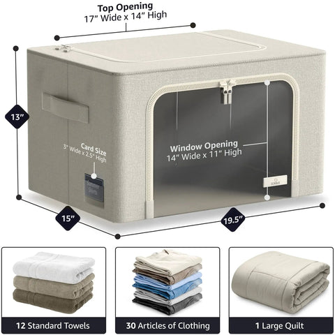 Beige Stackable Storage Bin with Metal Frame, Foldable Container with Clear Window, Zippered Flap, Carry Handles, 19.5x15x13"