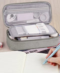Go To Large Capacity Canvas Pencil Case With Zipper For Women And Men Big Storage Pencil Pouch, open with items inside on desk