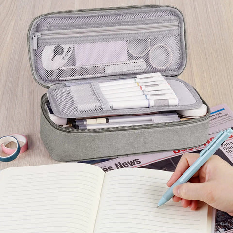 Go To Large Capacity Canvas Pencil Case With Zipper For Women And Men Big Storage Pencil Pouch, open with items inside on desk