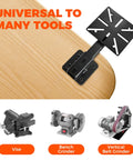 Straight Up Heavy Duty Carbon Steel Bench Vise And Grinder Table Mount Featuring Rock Solid Grip Portable Black Finish on wood surface with universal tool mounts.