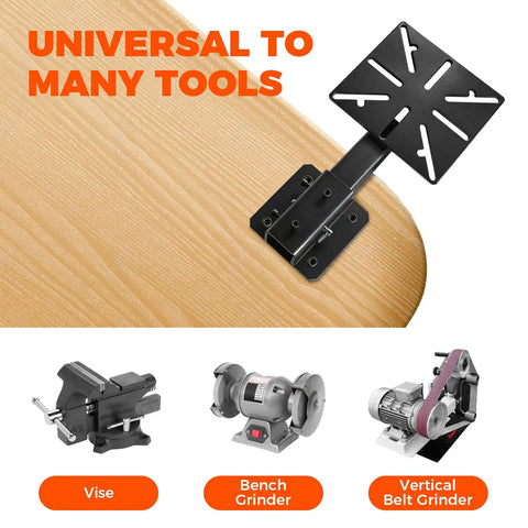 Straight Up Heavy Duty Carbon Steel Bench Vise And Grinder Table Mount Featuring Rock Solid Grip Portable Black Finish on wood surface with universal tool mounts.