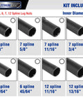 Lug Nut Key Set 16 Piece SAE And Metric Wheel Lock Removal Tool Kit In CrMo Steel, spline keys, various inner diameters shown.