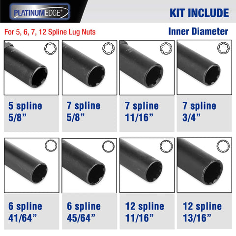 Lug Nut Key Set 16 Piece SAE And Metric Wheel Lock Removal Tool Kit In CrMo Steel, spline keys, various inner diameters shown.