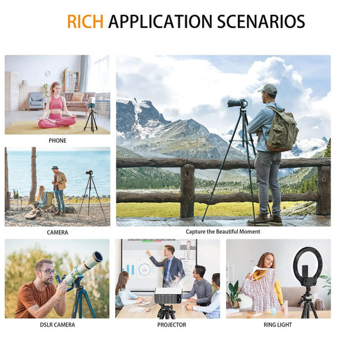 Collage of 60 Inch Lightweight Travel Camera Tripod for Canon and Nikon DSLRs in various scenarios, indoors and outdoors.