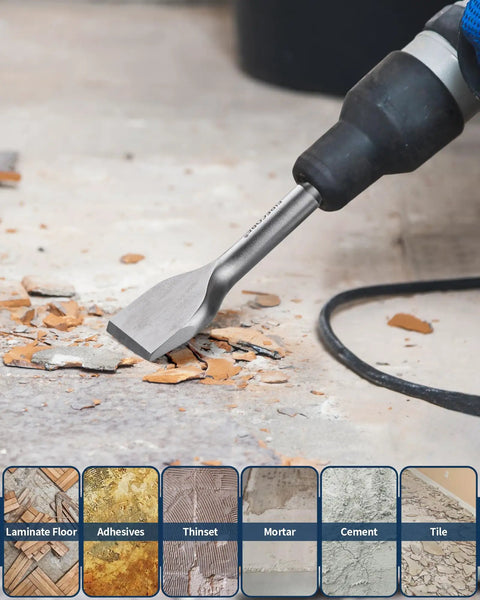 SDS Plus Tile Removal Cranked Bent Chisel Bit Three Inch Wide Six And A Half Inch Long For Rotary Hammer Drill in action on tile