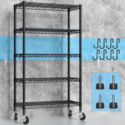 Heavy Duty 5 Tier Wire Shelving Unit With Beefy Rolling Casters Adjustable Black Metal Storage Rack NSF Certified 1900 Lbs Capacity 36 By 14 By 72 Inches Hella Sturdy Storage Setup For Garage Or Kitchen
