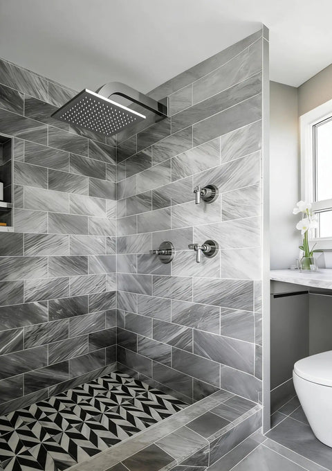 Modern bathroom with a large square showerhead mounted on a Square Shower Arm With Anti Scratch Flange, Matte Black Finish.