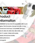 Fuel Tank Kit A350000300 Compatible With Mantis 2 Cycle Engines with three hole grommet and hoses displayed on a red engine