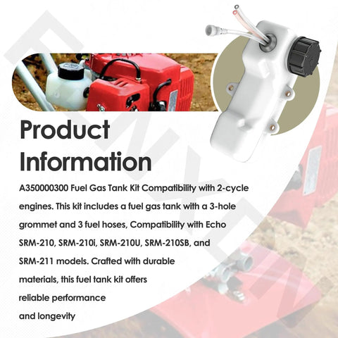 Fuel Tank Kit A350000300 Compatible With Mantis 2 Cycle Engines with three hole grommet and hoses displayed on a red engine