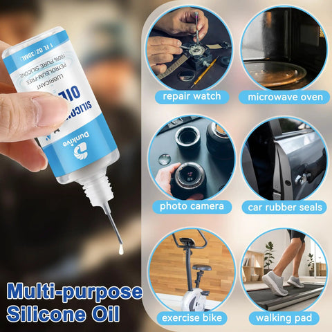 Silicone Airsoft Lubricant With Needle Oiler 6 oz for airguns, shown used on watch, camera, car seals, exercise bike, walking pad