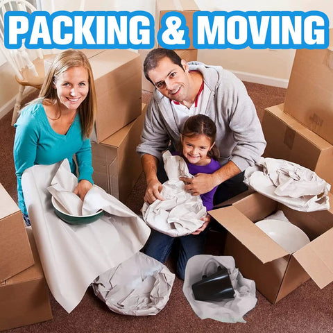 Family using Move Day Must Have Packing Paper For Moving And Shipping Newsprint Sheets 27x15 Inches, 100 Sheets to wrap dishes