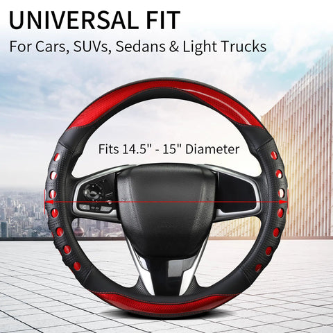 Rich Red Nappa Style Leather Steering Wheel Cover With Firm Anti Slip Grip Fits 14.5 To 15 Inch Cars Trucks And Suv Delivers Slick Handling And Fresh Daily Driver Upgrade, showing various angles and features.