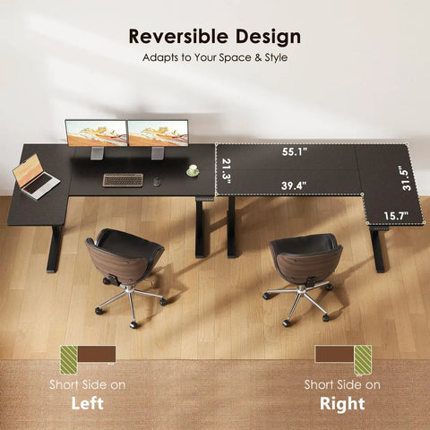 Electric L Shaped Standing Desk With Smooth Motor Height Adjustment From 28.4 To 47.2 Inches, showing reversible design.
