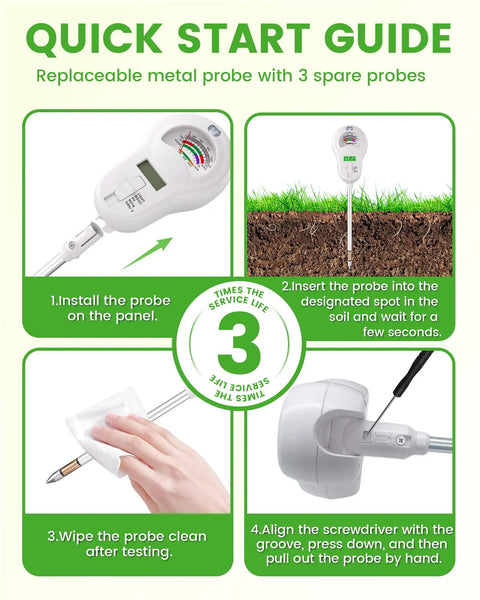 Quick start guide for 6 In 1 Soil Tester With Three Probes For Moisture, PH, Fertility, Sunlight, Temperature And Humidity