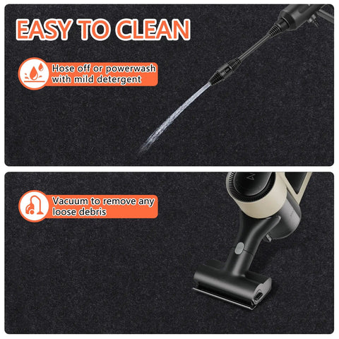 Image showing cleaning methods for Heavy Duty Oil Spill Mat For Garage Floor, 48 By 72 Inch Under Car Protector. Hose and vacuum depicted.