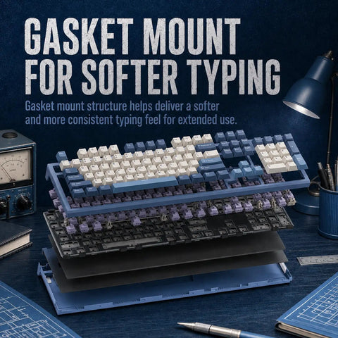 Heavy Duty Full Size Wired Mechanical Keyboard With Tight Gasket Mount Build And Lightning Fast Win Mac Switch For Slick Productivity And Boss Mode Typing Perfection with layered gasket mount structure.