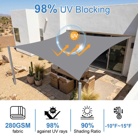 10x16 Outdoor Shade Sail Rectangle Waterproof UV Block Sun Shade For Backyard Deck Patio Garden And Outdoor Activities In Light Grey 280 GSM Polyester Delivers 98% UV Block And 90% Shade Installed Over Patio
