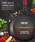 Preseasoned Carbon Steel Frying Pan 10 Inch Skillet with Removable Silicone Handle, Built to Last, surrounded by fresh ingredients