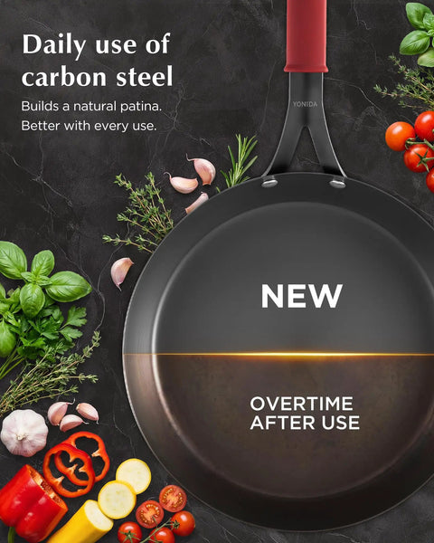 Preseasoned Carbon Steel Frying Pan 10 Inch Skillet with Removable Silicone Handle, Built to Last, surrounded by fresh ingredients