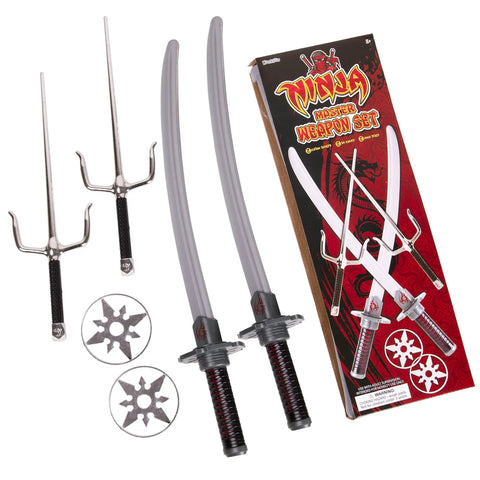 Six Piece Ninja Toy Sword Set For Kids With Safe Plastic Blades, featuring a set of two swords and two katanas for cosplay.