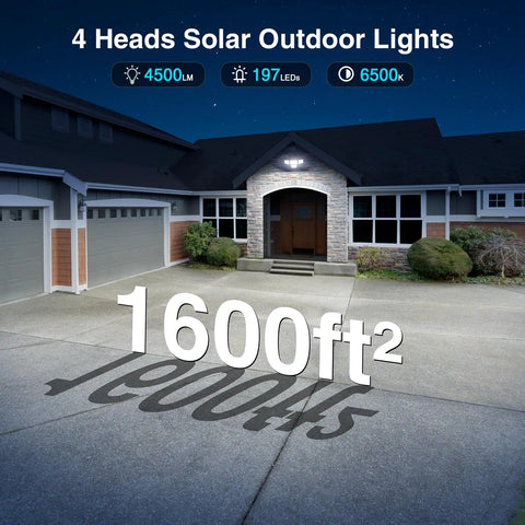 Rugged Four Head Solar Security Lights With Smart Dual Motion Sensors And Waterproof Shell For Backyards Driveways Garages, Kicks On Instantly To Slash Blind Spots And Serve Razor Sharp Daylight Glow, Includes Two Pack