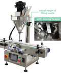No Sweat Automatic Powder Filler Machine For 10 To 200 Gram Subpackets with adjustable filling nozzle and mixing hopper.