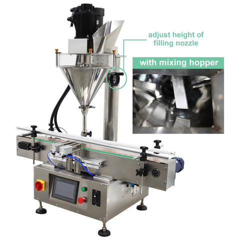 No Sweat Automatic Powder Filler Machine For 10 To 200 Gram Subpackets with adjustable filling nozzle and mixing hopper.