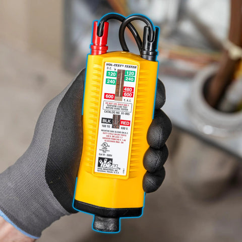 Gloved hand holding Vol-Con Solenoid Voltage Tester For Electricians, CAT III 600V Safety Rated, AC DC Voltage Detection With Vibrating Alert