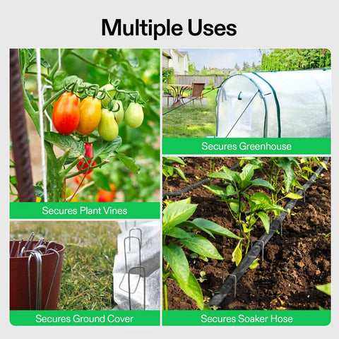 6 Inch Landscape Staples 100 Pack Heavy Duty Workhorse Galvanized Steel Garden Stakes 11 Gauge U Shaped Pins For Weed Barrier Fabric Soaker Hose And Fence Holding Durable Weather Resistant in multiple garden uses.