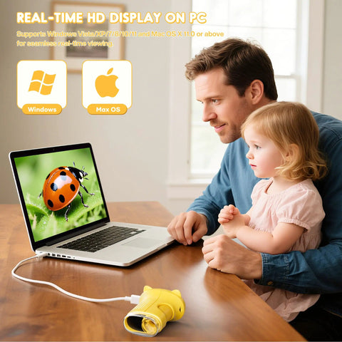 Father and daughter using Handheld Digital Microscope For Kids With 2 Inch IPS Screen Up To 1000X Magnification Portable STEM Science Toy