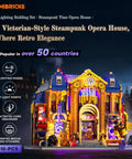 Steampunk Time Opera House Lighting Building Set with 2810 Pieces displayed with illuminated Victorian facade.