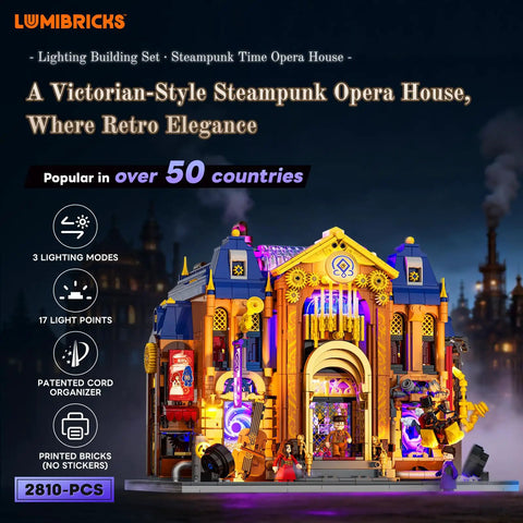 Steampunk Time Opera House Lighting Building Set with 2810 Pieces displayed with illuminated Victorian facade.