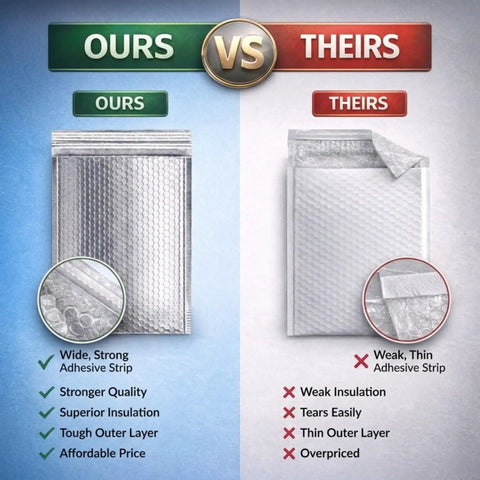 Side-by-side comparison of two insulated bubble mailers, ours with superior features and theirs with weaker quality.